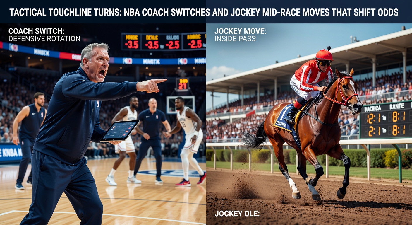 Jockey executing a sharp mid-race turn on a horse, pulling away from the pack during an April turf sprint, crowd blurred in excitement