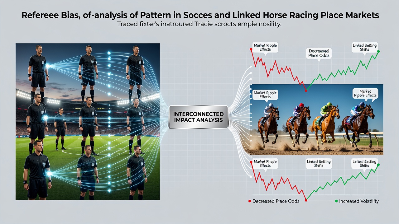 Soccer referee signaling a decision during a match with betting market indicators visible in background