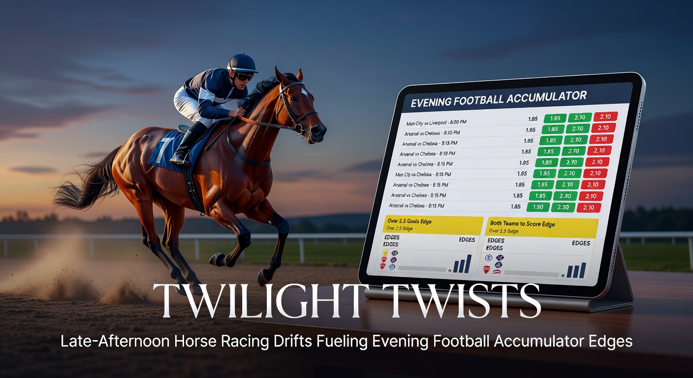 A twilight horse race at a UK track with punters checking odds on screens as the sun sets, highlighting late-afternoon drifts in betting markets