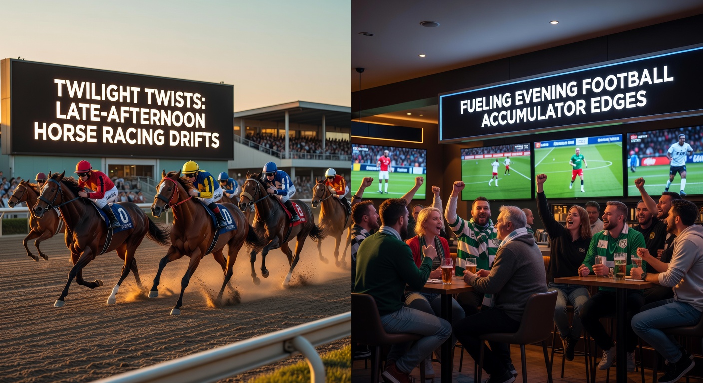 Evening football stadium lights up with fans, overlaid with betting slips showing accumulator wins tied to prior horse racing data screens