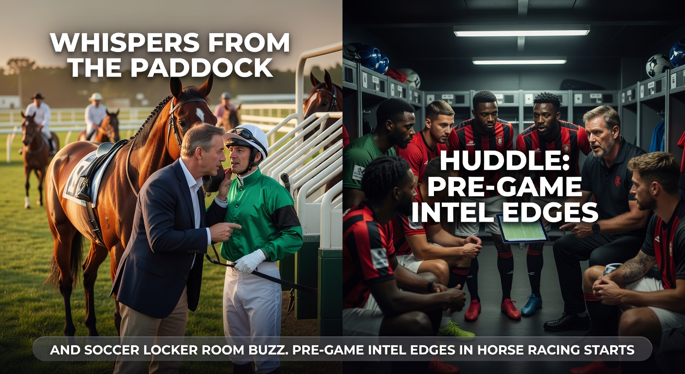 Trainers and jockeys huddled in the paddock, observing horses before a major race, capturing the tension of pre-race whispers