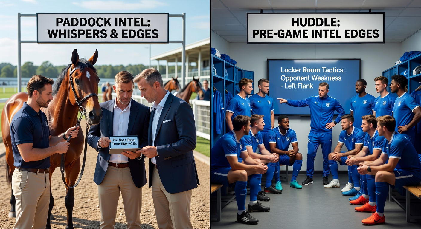 Soccer players in a tight huddle during pre-match warm-ups, with coaches gesturing intently, embodying locker room buzz before kickoff